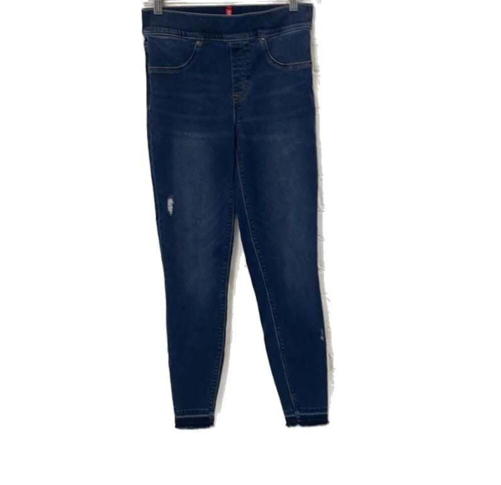 SPANX Pull On Jeans Women’s S/P Blue Sunny Distressed Fray Dark Wash Denim - Picture 2 of 9